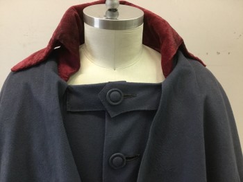 MTO, Gray, Wine Red, Wool, Polyester, Solid, Great Coat, Gray Felted Wool, Wine Velvet Trimmed Collar & Cuffs, Three Tiered Attached Capelett, Button Front, with 3 Button Tabs