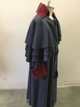 MTO, Gray, Wine Red, Wool, Polyester, Solid, Great Coat, Gray Felted Wool, Wine Velvet Trimmed Collar & Cuffs, Three Tiered Attached Capelett, Button Front, with 3 Button Tabs