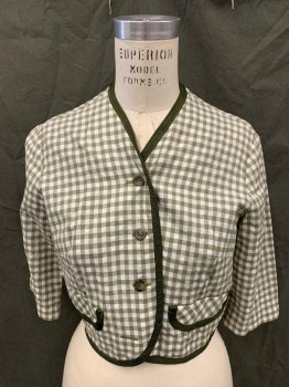 N/L, Olive Green, White, Cotton, Gingham, Button Front, 3/4 Sleeve, 2 Faux Flap Rounded Pockets, Solid Dark Olive Braided Ribbon Trim, Slight Shoulder Burn,