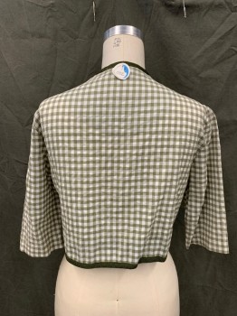 N/L, Olive Green, White, Cotton, Gingham, Button Front, 3/4 Sleeve, 2 Faux Flap Rounded Pockets, Solid Dark Olive Braided Ribbon Trim, Slight Shoulder Burn,
