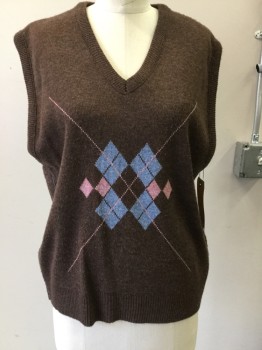 SEARS, Brown, Pink, Blue, Acrylic, Solid, Argyle, V-neck, Pullover, Sweater Vest