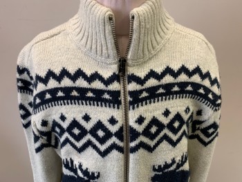 ABERCROMBIE, Cream, Black, Cotton, Acrylic, Novelty Pattern, Animal Print, Heathered Cream with Black Novelty H-stripe, Moose, Zip Front, Moc-turtle Neck, Small Stain on Front...