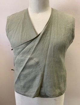 N/L, Mushroom-Gray, Linen, Solid, Wrapped Surplice Front with 2 Self Ties at Side, V-neck, Asian Inspired, Brown Synthetic Lining