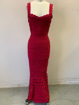 N/L, Ruby Red, Viscose, Polyamide, Solid, Strips of Zig Zagged and Straight Stretchy Bands Over Jersey Underlayer, 2 1" Straps, Sweetheart Bust, Fitted Slinky Look, Floor Length, Center Back Zipper