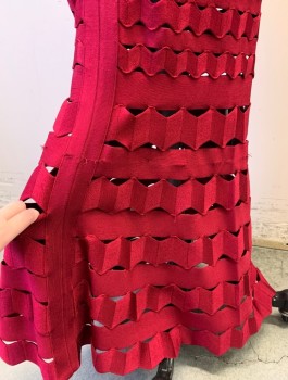 N/L, Ruby Red, Viscose, Polyamide, Solid, Strips of Zig Zagged and Straight Stretchy Bands Over Jersey Underlayer, 2 1" Straps, Sweetheart Bust, Fitted Slinky Look, Floor Length, Center Back Zipper