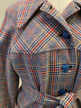 N/L, Navy Blue, White, Brown, Red, Wool, Plaid, Blue Button Front, Pointy Collar Attached, Yoke, 2 Large Patch Pockets, Long Sleeves, Button Cuffs, Belt Attached
