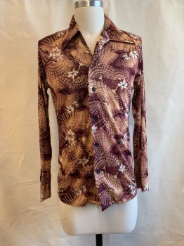 CALIFORNIA STYLED, Red Burgundy, Cream, White, Polyester, Tropical , C.A., Button Front, L/S,