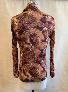 CALIFORNIA STYLED, Red Burgundy, Cream, White, Polyester, Tropical , C.A., Button Front, L/S,