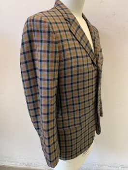 WESTPARK, Gray, Rust Orange, Black, Mustard Yellow, Wool, Check , 1950's, Single Breasted,  Notched Lapel, 3 Buttons, 3 Pockets, Single Vent at Back Hem, Half Lining