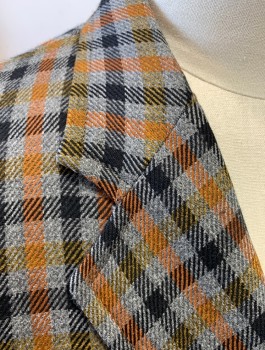 WESTPARK, Gray, Rust Orange, Black, Mustard Yellow, Wool, Check , 1950's, Single Breasted,  Notched Lapel, 3 Buttons, 3 Pockets, Single Vent at Back Hem, Half Lining