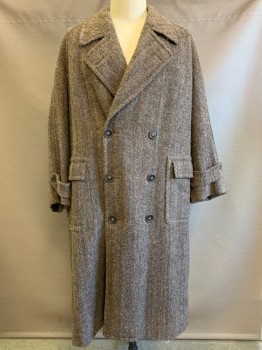 NO LABEL, Brown, Multi-color, Wool, 2 Color Weave, Overcoat, 6 Buttons, Double Breasted, Notched Lapel, Top Pockets,