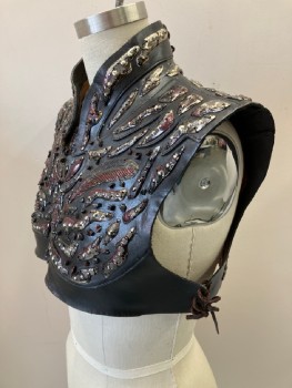 N/L, Black, Silver, Iridescent Red, Leather, Plastic, Chest/Shoulder Plate, Molded Black Leather with Iridescent Plastic Abstract Shapes, 2 Curved Feather Shaped Pieces in Front, Stand Collar, Lace Up in Back and at Sides, Made To Order, **Detachable Panel in Back
