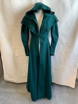 NL, Forest Green, Wool, V-N, Single Breasted, Empire Waist, 1 Button, Cape Like Pleated Layers at Shoulders, Hooded, Seam at Waist, Small Flap at Back Waist, Pleated Back, Floor Length Gem, Early 1800s