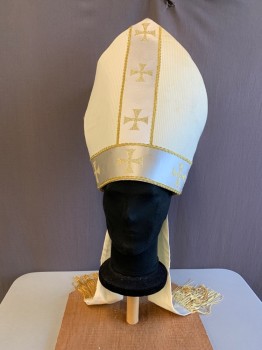 N/L, Off White, Gold, Silk, Cotton, Stripes - Shadow, Christian, Priest, Bishop, 2 Shield Shapes Facing Back and Front, Cotton Off White Shadow Stripe, White Satin with Gold Glitter Crosses, Gold Braided Ribbon Trim, 2 Lappets Hang From Back with Gold Fringe