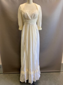 Gunne Sax , Cream, Cotton, Polyester, Floral, Stripes, Long Puff Sleeves with Lace Trim, Queen Anne Neck, Lace Trim on Neckline, Lace Waist Belt  with Back Tie, Pleated Skirt with Center Lace, Back Zipper,