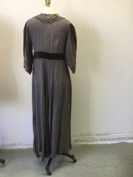 N/L, Gray, Black, Linen, Cotton, Solid, Linen Dress with Self Eyelet Collar. Velvet Covered Buttons at Front Placket. Velvet Panel at 3/4 Sleeves and High Waist. Eyelet Lace Trim at Cuffs.sun Damage at Shoulders. Repair Work at Right Front Near Placet Base,