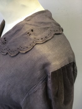 N/L, Gray, Black, Linen, Cotton, Solid, Linen Dress with Self Eyelet Collar. Velvet Covered Buttons at Front Placket. Velvet Panel at 3/4 Sleeves and High Waist. Eyelet Lace Trim at Cuffs.sun Damage at Shoulders. Repair Work at Right Front Near Placet Base,