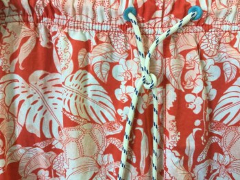 TOMMY BAHAMA, Red-Orange, White, Peach Orange, Nylon, Novelty Pattern, Floral, Swim Trunks, Hawaiian Floral Print with Sea Turtles, Tropical Foliage, Etc, Elastic Waist, White with Navy Dashed Pattern Cord Drawstring Ties At Waist, 3 Pockets, 6.5" Inseam