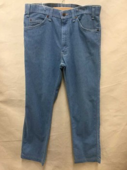 LEVI'S, Denim Blue, Lt Blue, Cotton, Solid, Tan Topstitching, Zip Fly, Classic Tapered Leg, 5 Pockets, Looped Stitching On Back Pockets,