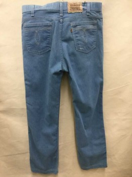 LEVI'S, Denim Blue, Lt Blue, Cotton, Solid, Tan Topstitching, Zip Fly, Classic Tapered Leg, 5 Pockets, Looped Stitching On Back Pockets,