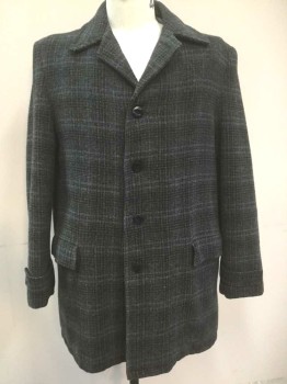 STADIUM COAT/CAMPUS, Dk Gray, Charcoal Gray, Slate Blue, Wool, Check , Stripes, Single Breasted, Notch Collar, 4 Buttons, 2 Pockets, Gray Patterned Quilted Lining,