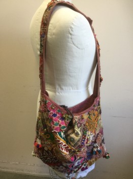 N/L, Red, Pink, Blue, Yellow, Green, Cotton, Beaded, Patchwork, With Beaded Tassels, Brass Bells, Loop and Coin Closure, Self Wide Strap