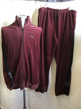 PONY, Maroon Red, Black, Heather Gray, Cotton, Polyester, Color Blocking, Sweat Jacket: Velour, Dbl Knit Collar Attached, Zip Front, Long Sleeves, 2 Side Pockets,  with Matching Pants