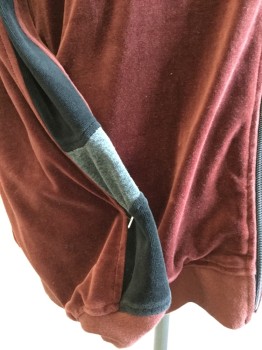 PONY, Maroon Red, Black, Heather Gray, Cotton, Polyester, Color Blocking, Sweat Jacket: Velour, Dbl Knit Collar Attached, Zip Front, Long Sleeves, 2 Side Pockets,  with Matching Pants
