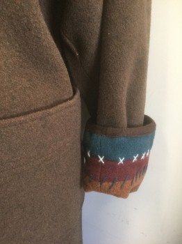 NAF NAF, Brown, Sienna Brown, Dk Brown, Wool, Polyamide, Solid, Brown Felted Wool with Sienna Brown Shawl Lapel, Dark Brown 1/2" Wide Trim, Single Breasted, 5 Self Fabric Covered Buttons, Navy/Maroon/Sienna Brown Striped Cuffs with White X's Embroidery, Lining is Rust/Blue/White Check