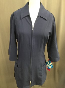 EXCEL, Midnight Blue, Polyester, Spandex, Solid, Collar Attached, Zip Front, 3/4 Sleeves, Patch Pockets