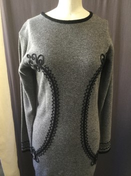 ADRIENNE VITTADINI, Heather Gray, Black, Wool, Solid, Novelty Pattern, Knit, Ballet Neck W/black Trim, Long Sleeves, Black Rope Aplplique, Pull Over
