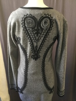 ADRIENNE VITTADINI, Heather Gray, Black, Wool, Solid, Novelty Pattern, Knit, Ballet Neck W/black Trim, Long Sleeves, Black Rope Aplplique, Pull Over