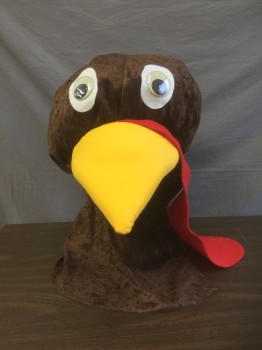 Brown, White, Red, Black, Polyester, L200FOAM, Solid, Turkey Walkabout Head, Brown Velour with Yellow Jersey Covered Foam Beak, White Felt with White Plastic Googly Eyes, Red Felt Hanging Wattle, Open Face, Built on Baseball Cap, Thanksgiving