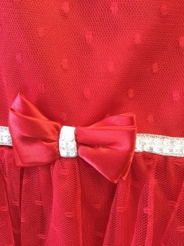 Nannette Kids, Red, White, Polyester, Dots, Red Chiffon with Dots, Satin Silk Flowers at Hem, Sleeveless. Red Satin Bow, White Chiffon Covered Rhinestone Ribbon at Waist. 3 Button Closure at CB.
