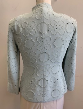 ALBERT NIPON, Ice Blue, Acetate, Polyester, Geometric, Blazer/Jacket, Gabardine with Clear Seed Beads in Circles and Four Leaf Clover Shapes, Long Sleeves, Mandarin Collar, Zip Front, Padded Shoulders,
