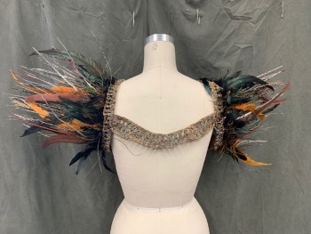 MTO, Lt Brown, Leather, Feathers, Scallopped Shoulder Straps, Open Hole Leather Back Strap with Wrapped Thread, Feather and Stick Wings