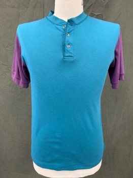 BLUE ISLAND, Teal Blue, Purple, Poly/Cotton, Color Blocking, S/S, Henley, 3 Buttons,  Ribbed Knit Collar/Cuff, * Discolored Spots on Front*