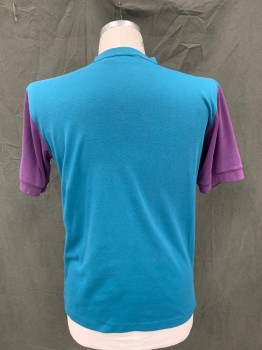 BLUE ISLAND, Teal Blue, Purple, Poly/Cotton, Color Blocking, S/S, Henley, 3 Buttons,  Ribbed Knit Collar/Cuff, * Discolored Spots on Front*