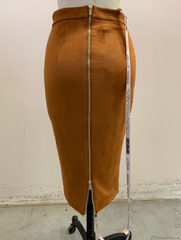 House Of CB London, Sienna Brown, Synthetic, Suede, Solid, Stretch Ultrasuede Pencil Skirt with Full Zip Up Back, Gold Zipper Works Both Ways