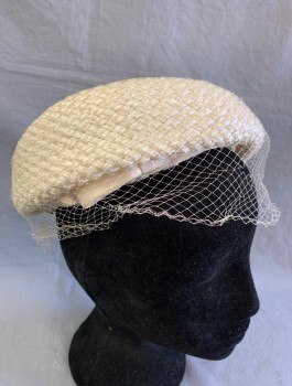 N/L, Cream, Straw, Solid, Beret Shape, with Attached Cream Netting, Cream Grosgrain Band with Self Bow at Edging,