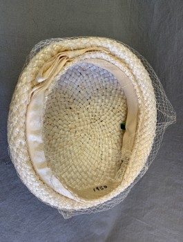 N/L, Cream, Straw, Solid, Beret Shape, with Attached Cream Netting, Cream Grosgrain Band with Self Bow at Edging,