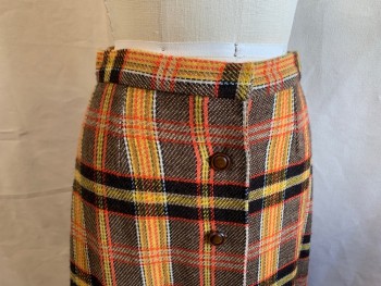MTO, Yellow, Orange, Dk Brown, Tan Brown, Green, Wool, Synthetic, Plaid, 1.25" Waistband, Brown Plastic Button Front, A-line, Ankle Length