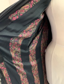 N/L, Black, Silk, Solid, Accordion Pleated Crepe, Tiers, Attached Self Hood, Ankle Length, Lining is Black with Pink and Gold Paisley Stripes,