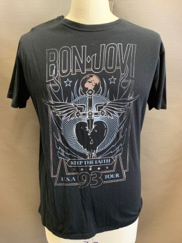 BAND MERCH, Black, Cotton, Short Sleeves, Crew Neck, Bon Jovi USA 1993 Tour