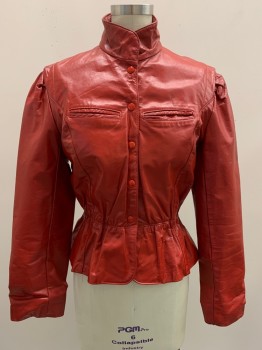 LEATHERCRAFT PROCESS, Red, Leather, Nylon, Solid, L/S, Snap Button Front, Collar Attached, Chest Pocket, Scrunched Waist Band,