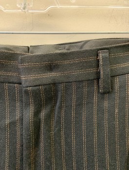 N/L MTO, Espresso Brown, Lt Brown, Wool, Stripes - Pin, Flat Front, Zip Fly, 4 Pockets, Belt Loops, Suspender Buttons at Inside Waistband, Made To Order,