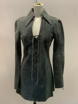 NL, Gray, Suede, Solid, Pointy Collar, V Neck With Rivets And Lace Up Front, Invisible Zipper In Back L/S With 5 Gromets And Laceup
