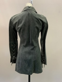 NL, Gray, Suede, Solid, Pointy Collar, V Neck With Rivets And Lace Up Front, Invisible Zipper In Back L/S With 5 Gromets And Laceup