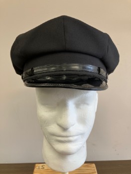NO LABEL, Black, Wool, Solid, 8 Point Police Cap, Front Bill