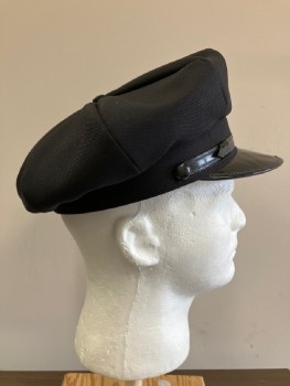 NO LABEL, Black, Wool, Solid, 8 Point Police Cap, Front Bill